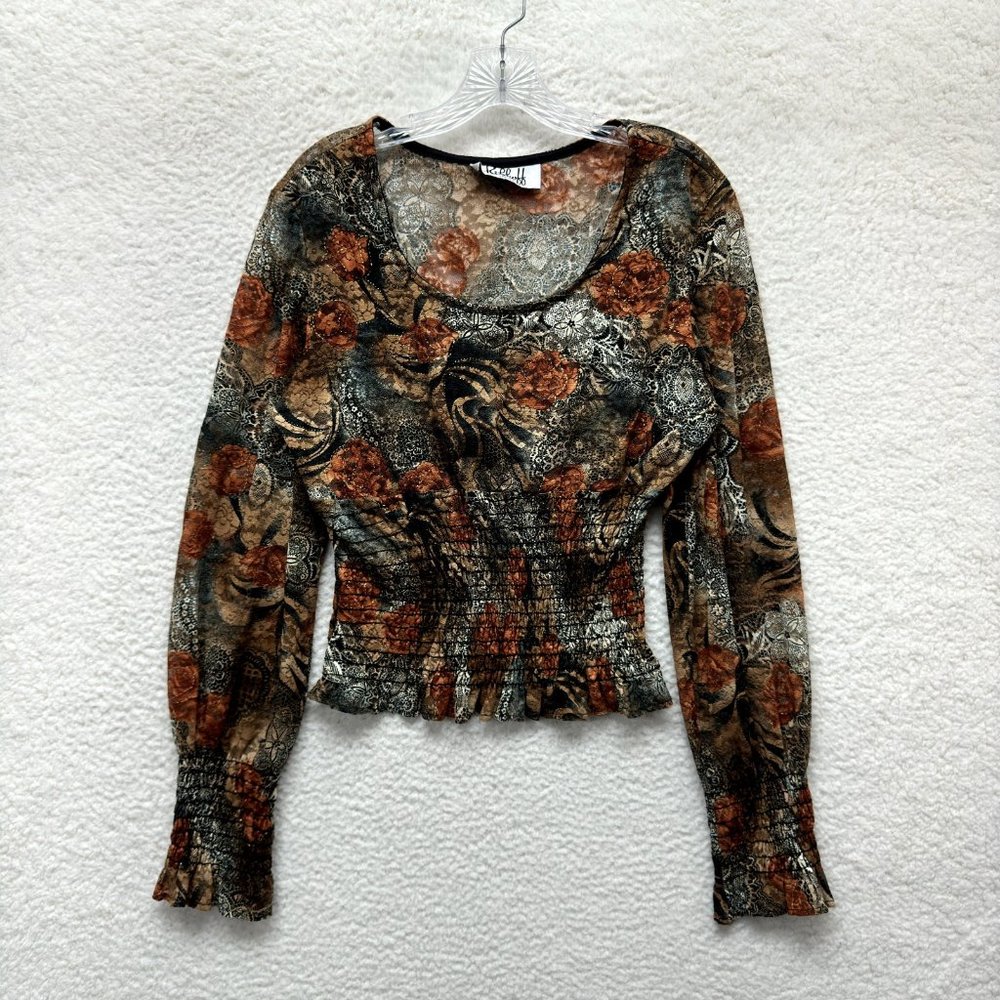 90s Vintage Lace Mesh Long Sleeve Top L Large Floral Boho Bohemian Grunge Womens
